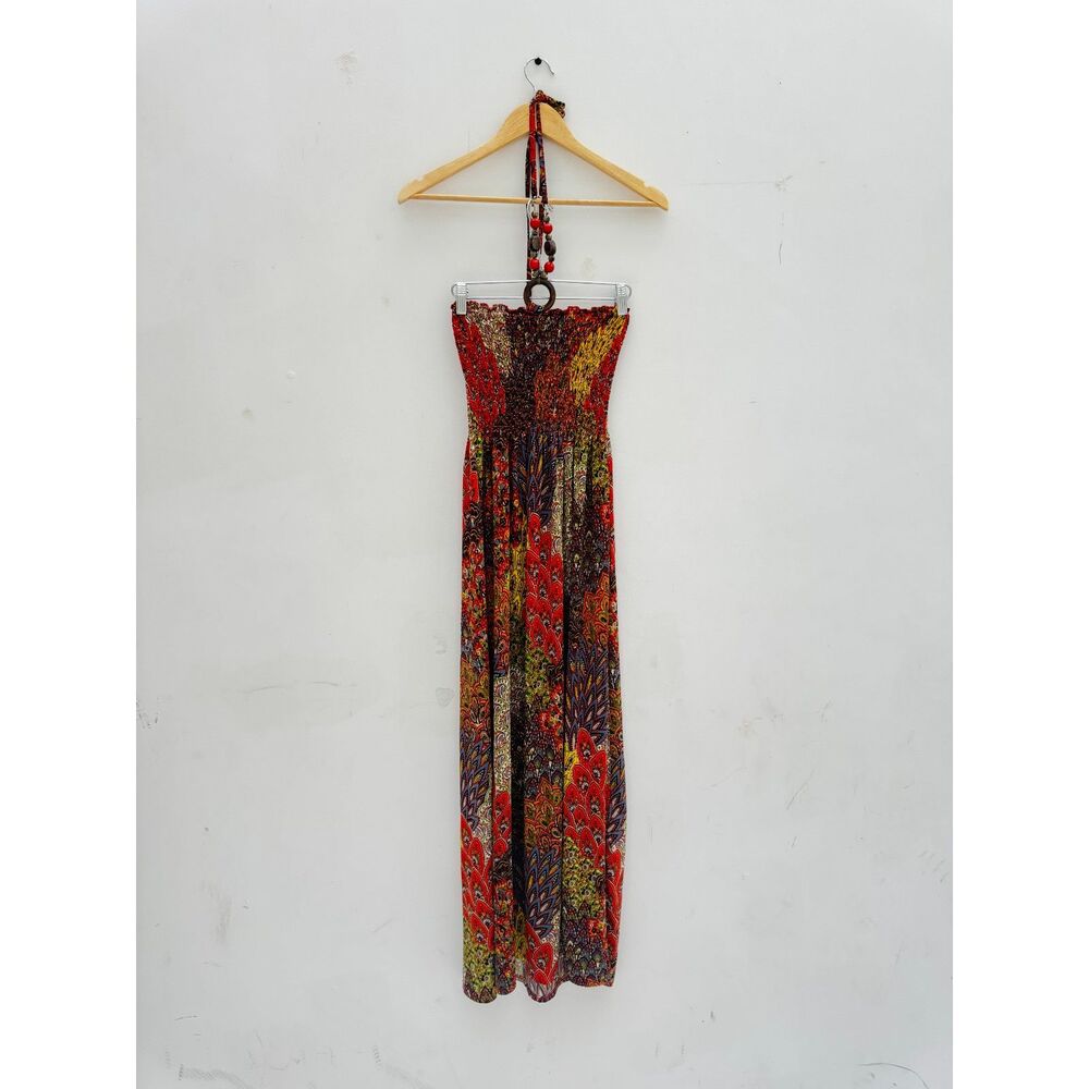 Raindrops by Papillon M Y2K Peacock Paisley Smocked Halter Maxi Dress Boho